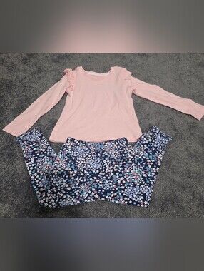 Girls Pink Ruffle-Shoulder Top & Navy Floral Pants Kids Set